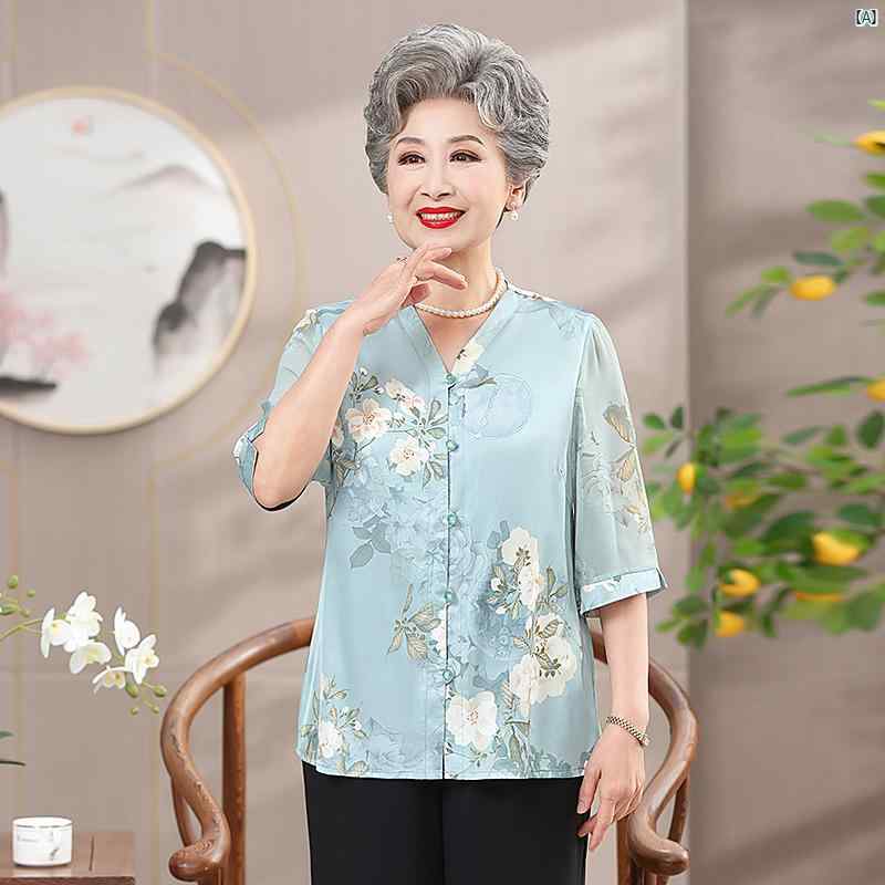 Rakuten - 半袖 シフォンプリント お母さん シニア トップス 祖母 ママ レディース 70歳 オシャレ 大きいサイズおばあちゃん 服 夏 ファッション シャツ 80歳おばあちゃん