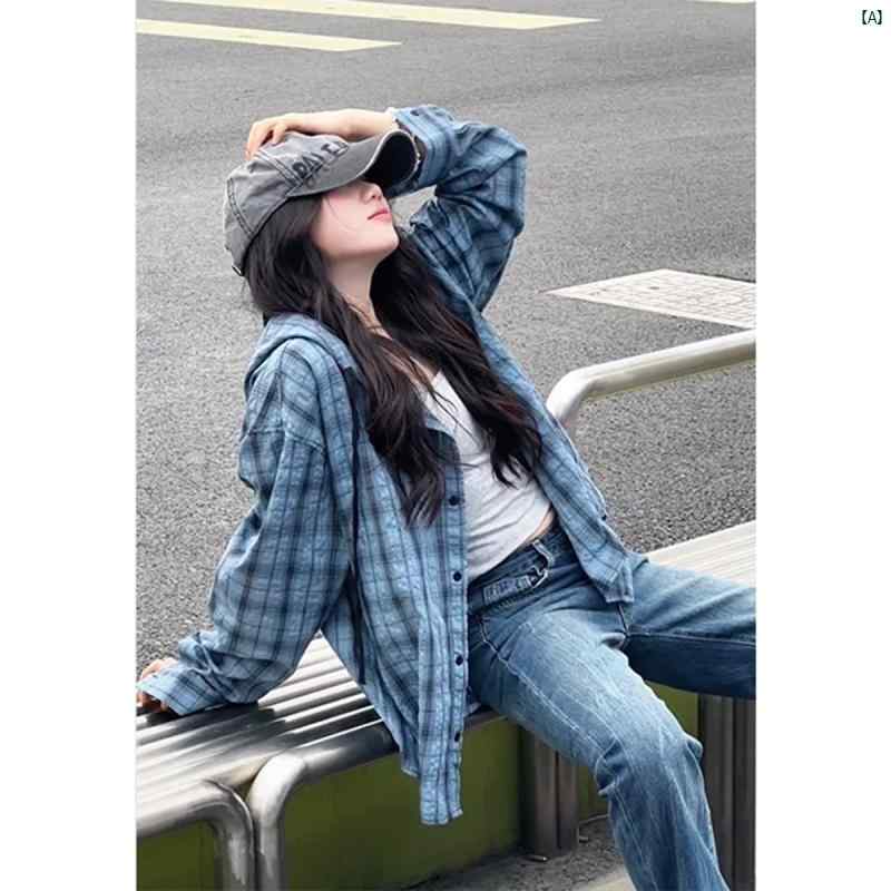 乐天商城 - 薄手 カップル チェック柄 ロング ブルー 夏用 カット たり 日焼け防止 男女兼用 高級 ファッション コート シャツ 紫外線 メンズ コーデ