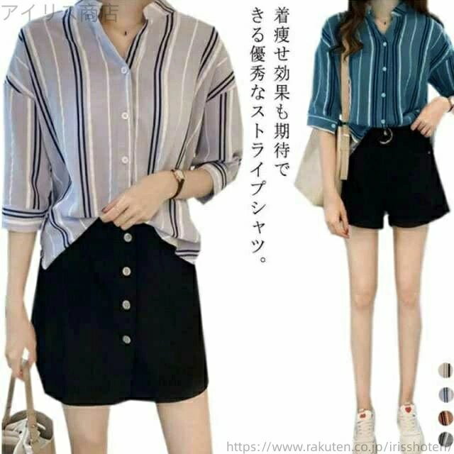 乐天商城 - ストライプ チュニック シャツ 七分袖 春 シャツブラウス シフォン 半袖 Vネック 7分袖 襟付き 夏 秋 とろみ レディース 五分袖