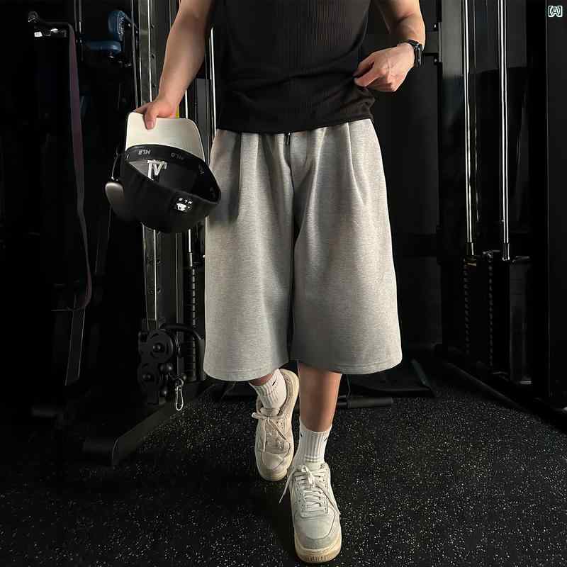 アメリカン カジュアル ストリート レッグ ロック 韓国ファッション ワイド 夏 オシャレ ファッション パンツ コーデ ストレート メンズ ショート グレー トレーニング フィットネススポーツ メンズ