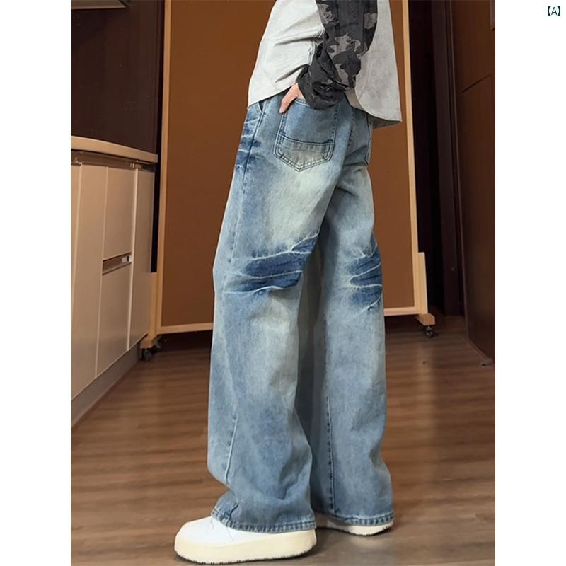 乐天商城 - ジーンズ メンズ 春夏 メンズ ウィスカー ファッション コーデ クラックル アイス ストレート フレアパンツ パンツ ブルー アメリカン 稲妻 キャット 拡張