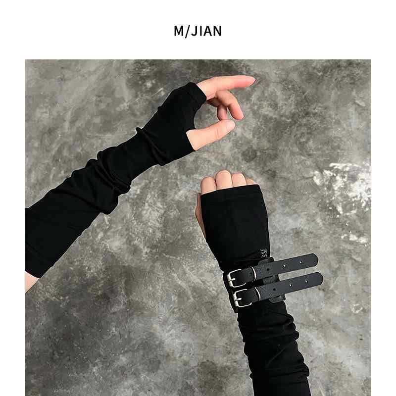 パンク おしゃれ ブルー ハーフフィンガー グリーン ダーク レザーブレスレット レディース メンズ 日焼け防止 アームカバー 春夏 ピンク スリーブ Y2K 薄手