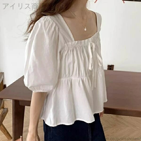 乐天商城 - ショート 夏 ミニ シャツ 袖あり S 白シャツ 白トップス ショート丈 L ブラウス ゆる 襟なし かわいい ゆったり M 無地 ミニ丈