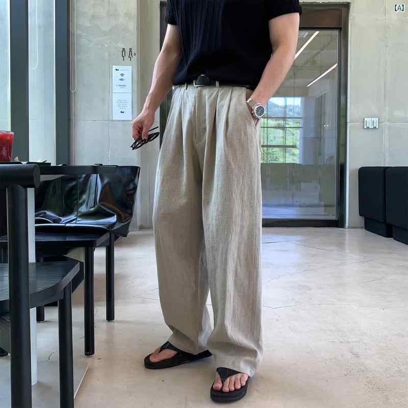 乐天商城 - レッグ カジュアル 軽量 韓国 ストレート メンズ コーデ 薄手 夏用 高級 ワイド 韓国ファッション メンズ オシャレ ダブルプリーツ リネン ワークウェア ファッション パンツ