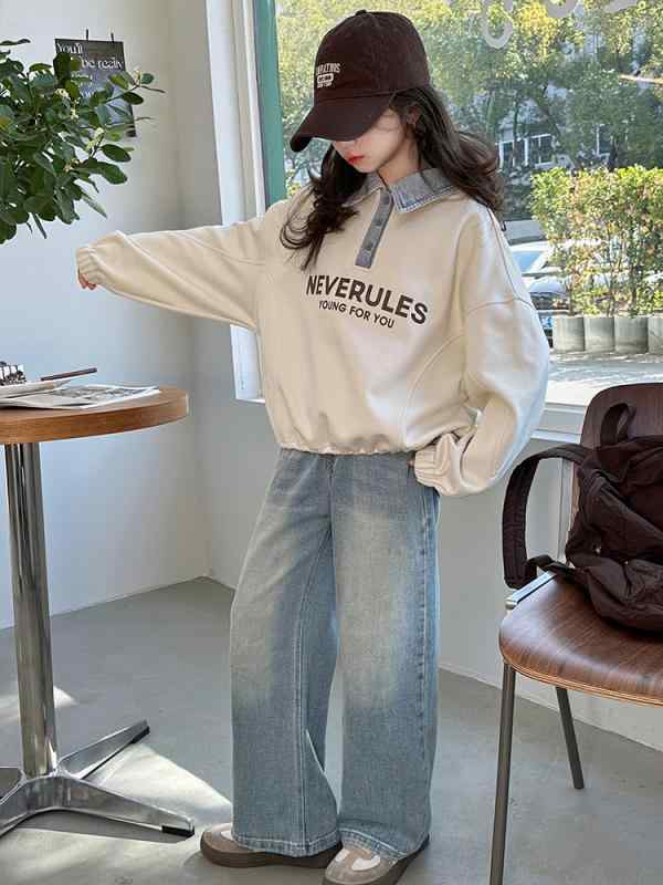 子供服 春秋 セットアップ 普段着 ガールズ スウェット 通学着 デニムパンツ 2点セット ポロシャツ カジュアル 女の子