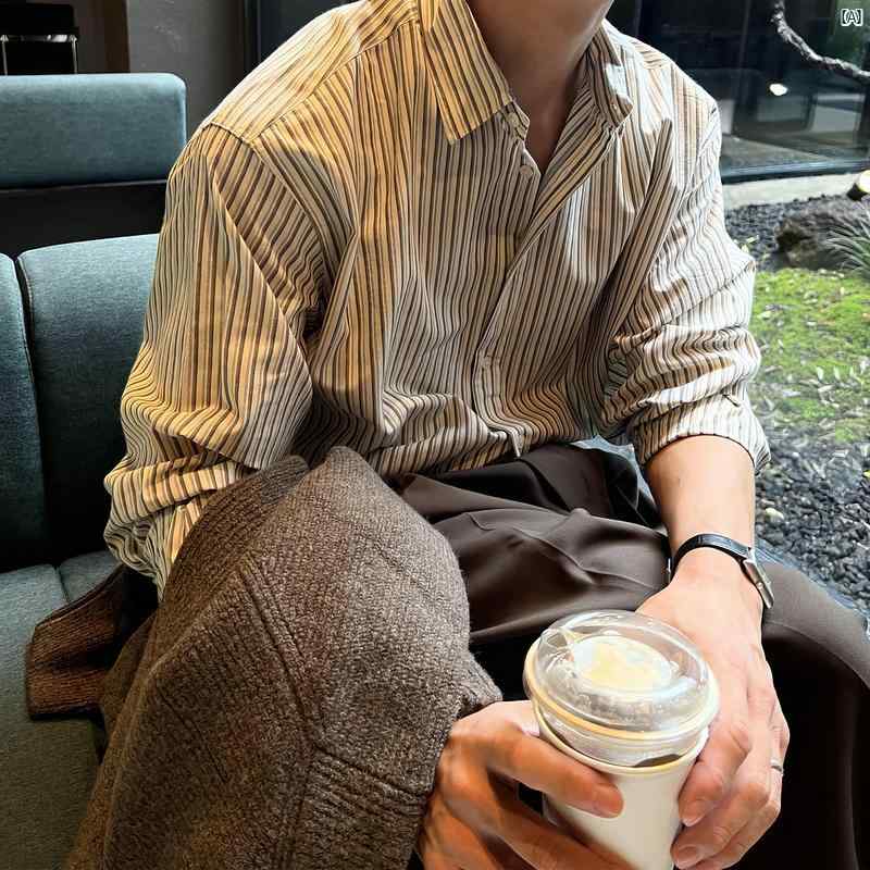乐天商城 - オシャレ シャツ ジャケット 長袖 レトロ 韓国ファッション フリー メンズ メンズ 風 軽量大歳 ドレープ 薄手 春夏 日焼け防止 アイロン コーデ ビジネス ファッション ストライプ