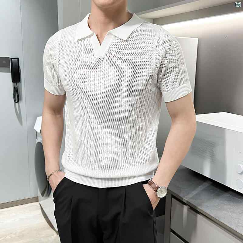 乐天商城 - 薄手 コーデ 通気性 テクスチャ 半袖 夏 トップス ハイエンド メンズ Tシャツ シャツ メンズ カジュアル ファッション 冷感 POLO ニット