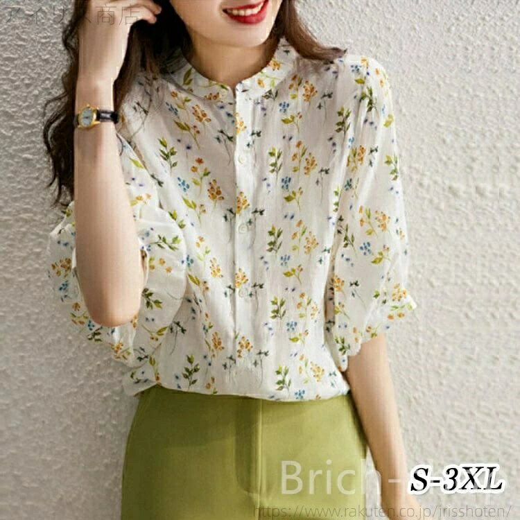乐天商城 - シャツブラウス 夏 着やせ トップス 花柄 半袖 春 レディース おしゃれ