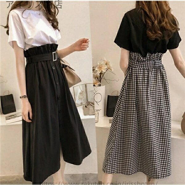乐天商城 - ハイウエスト 半袖Tシャツ ロング 半袖 スカート 2点セット tシャツ レディース セットアップ チェック柄 ミモレ丈 夏 春夏