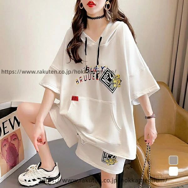 Tops, Bottom Sets - 2点セット ファッション おしゃれ 半袖トップス パーカー アウター tシャツ 半袖パーカー フード付き 上下セット 夏 レディース 無地 シンプル プリント カジュアル