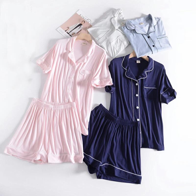 Rakuten - 2点セット 可愛い 前開き パンツ 部屋着 Vネックス 夏 レディース かわいい パジャマ 半ズボン おしゃれ ゆったり ナイトウェア ナイトガウン カーディガン 半袖 寝巻き セットアップ モダール 4色 薄手