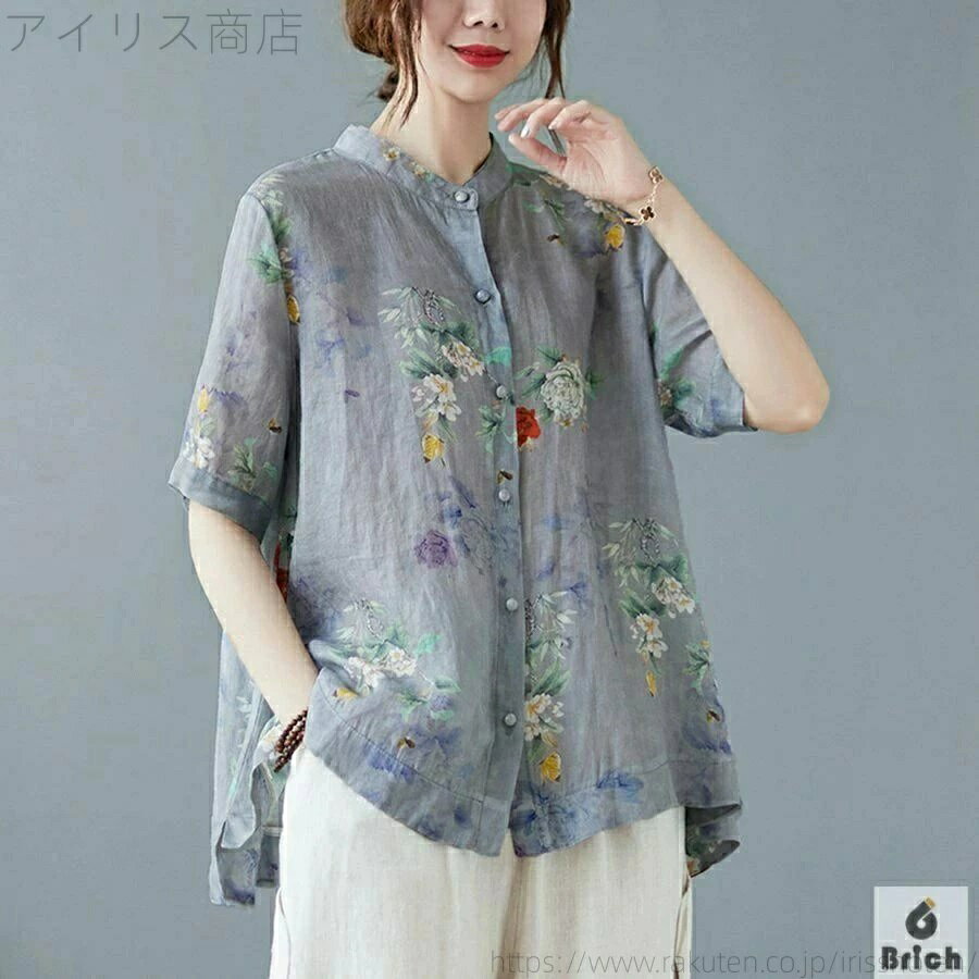 乐天商城 - 半袖 大人可愛い 春夏 半袖シャツ レディース きれいめ 花柄シャツ カジュアル チュニック トップス 切り替え ブラウス シャツ