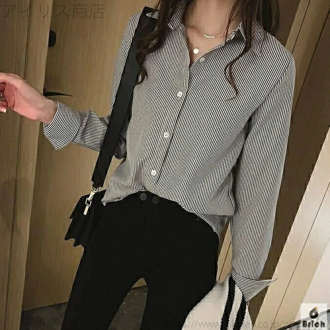 乐天商城 - カジュアル 黒 シンプル 襟付き 長袖 ストライプ L 3XL 2XL 柄 4XL 夏 XL 青 春 トップス シャツ M 秋 カーキ レディース