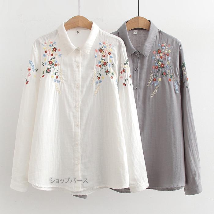 シャツブラウス シャツ トップス 長袖 夏 ブラウス レディース ダブルガーゼ 刺繍シャツ 秋 春 2