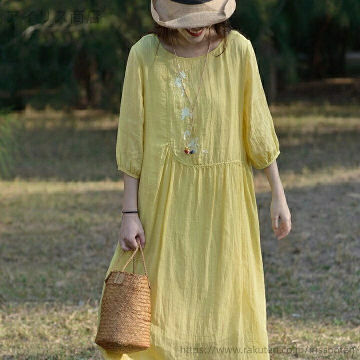 乐天商城 - ワンピース 生地 ロング キャンバス 無地 タイト レディース レース スカート 北欧 しわ加工 長袖 春 夏 レトロ