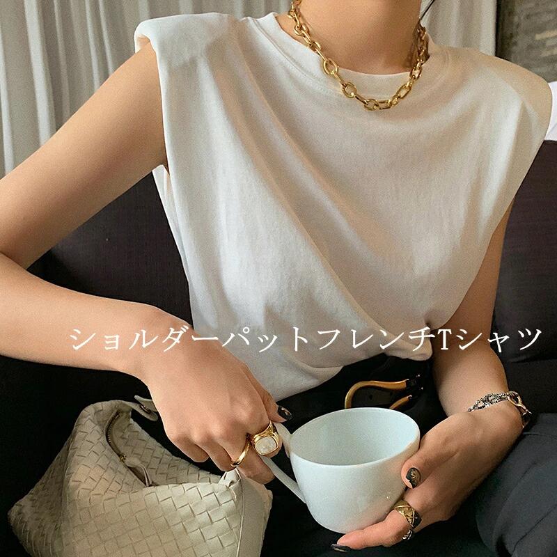 袖なし コットン 体型カバー Tシャツレディス 新作 夏 クルーネックフレンチスリーブ お洒落 ショルダーパットフレンチTシャツ