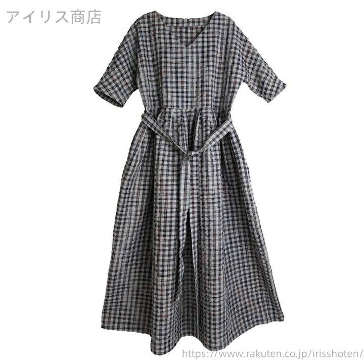 乐天商城 - チェック 体型カバー きれいめ 韓国 ゆったり レディース 夏 リネン上品 おしゃれ 30代 ロング Vネック きれいめ