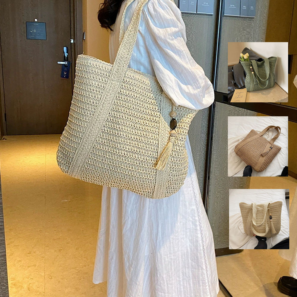 乐天商城 - 弁当袋 収納 大容量芝編みバッグ 手提げ袋 レディース編みバッグ おしゃれ 軽量 手提げショルダー編みバッグ 女性 軽い ビーチリゾートバッグ 通勤 韓国 軽量 リゾート 夏 可愛い 肩掛け 無地