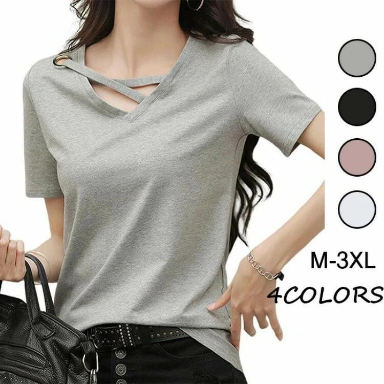 乐天商城 - 夏服 デザイン トップス シャツ tシャツ 薄手 きれいめ 夏 カットソー ワンポイント スリム 通勤 快 無地 ストレッチ おしゃれ Vネック レディース インナー