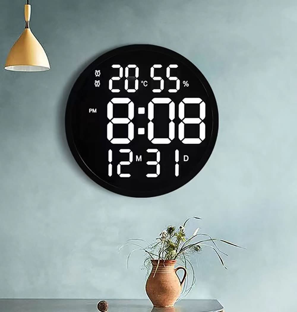 乐天商城 - LED壁掛け時計 温度計湿度計 自動感応夜光 ルミナスデジタル 静音 リモコン付き 壁掛け時計 省エネ 照明 多機能 寝室/リビングルーム/浴室用 (Black)