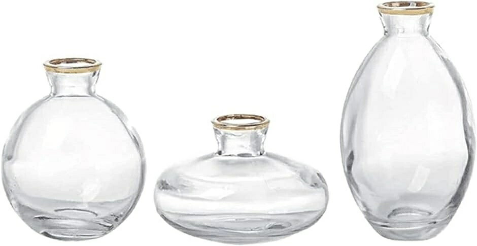 乐天商城 - フラワーベース ガラスボトル 金縁装飾 ガラスの花瓶 ミニ花器 一輪挿し 透明 ガラスベース(3個セット)