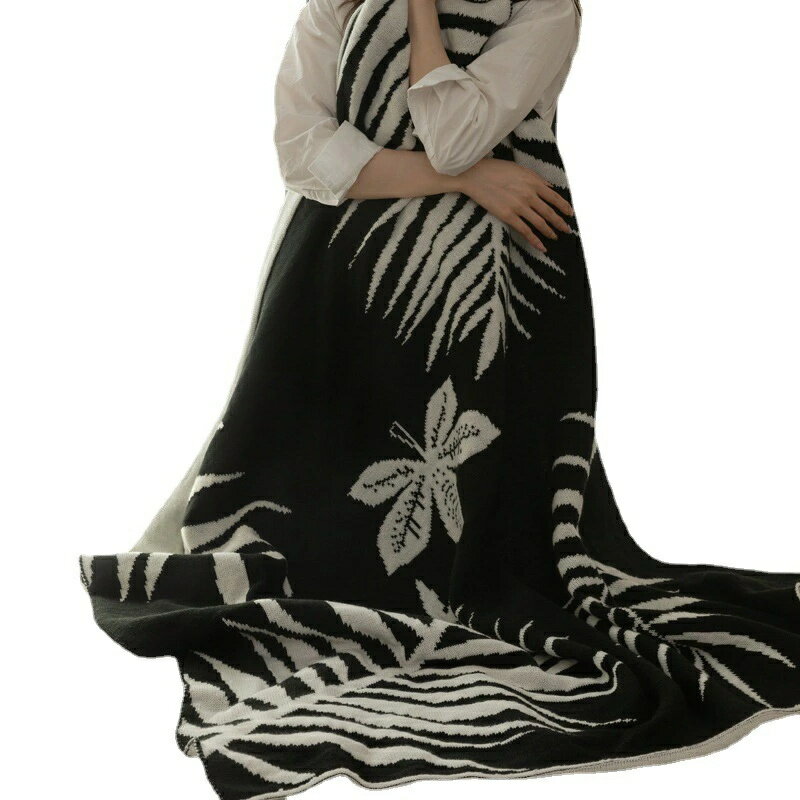 乐天商城 - 植物柄 ブラック オフィス昼寝 タオルケット エアコン対応 ニットブランケット ソファカバー