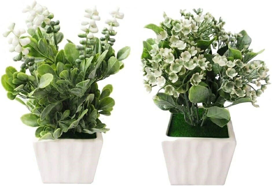 樂天商城 - 観葉植物 ミニ 鉢植え x2 セット フェイクグリーン 造花 人工観葉植物 インテリア 小さい おしゃれ 雑貨 陶器 白 (ミニ鉢x2)