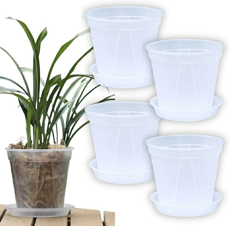 乐天商城 - 植木鉢 透明 プラスチック スリット鉢 ポット おしゃれ オーキッドポット 受け皿付き 4個セット (クリア 5号)