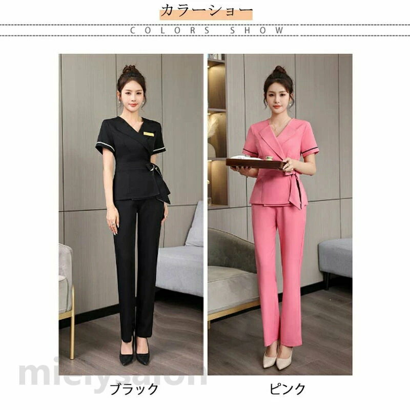 制服 ネイル 美容院 レディース パンツ セットアップ ウェストリボン 春夏 トップス ユニフォーム おしゃれ ノーカラー 半袖 夏服 作業服 制服 作業服 エステ 歯科衛生士 韓国 クリニック Vネックレス ホテル 2