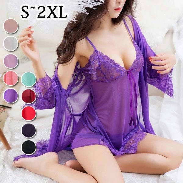 乐天商城 - ナイトガウン パジャマ セクシー S/M/L/XL/2XL ナイトウェア 夏 秋 勝負下着 ブルー レディース レース ベビードール セット ホワイト la015x1x1zo ランジェリー 春 パープル ルームウェア ブラック シースルー レッド ピンク