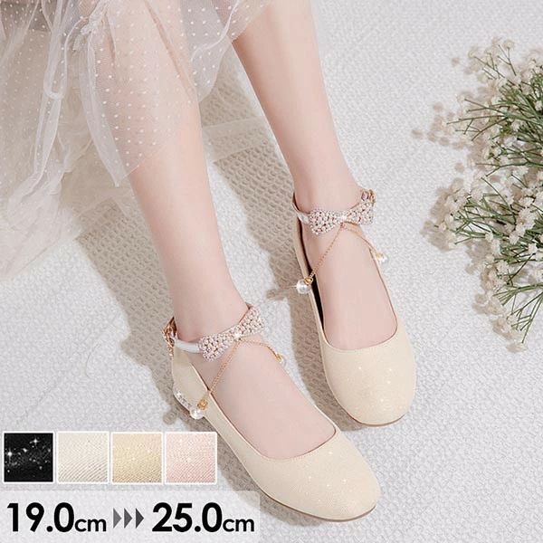 Rakuten - ピアノ ヒール3cm 女の子 チャンキーヒール パンプス 結婚式 アンクルストラップ 発表会 ストラップ ローヒール ゴージャス 19.0〜25.0 綺麗め ピンク ブラック パーティー 太いヒール ゴールド キラキラ シューズ アーモンドトゥ 靴 di205g5g5jc オフホワイト