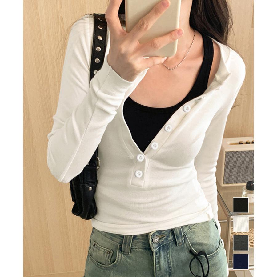 ハーフボタンカットソー長袖タイトtシャツ