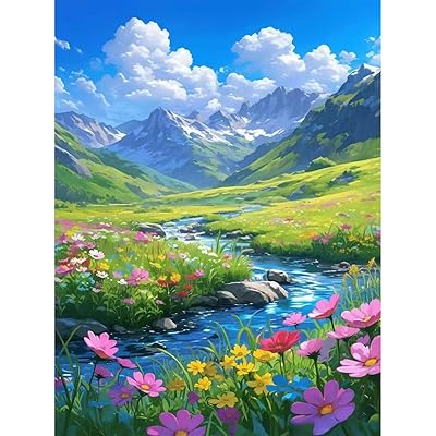 5Dダイヤモンドペインティング山の花初心者用 DIY青空白 風景ダイヤモンド絵画キット大人用