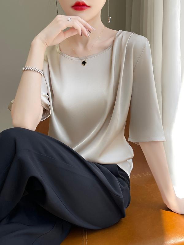 乐天商城 - トップス 大人カワイイ プリーツ オシャレ ファッション 薄手 シンプル T 服 レディース 大きいサイズ 滑らか シャツ ラウンドネック アウターウェア カワイイ 半袖 秋 サテン