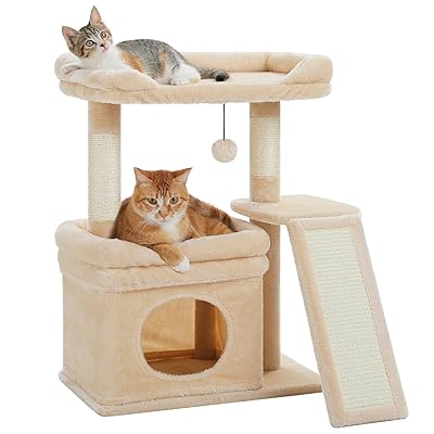 Rakuten - 高 キャットタワー はしご ミニ 短足 猫タワー シニア猫 猫ハウス 低い 麻紐爪研ぎ スロープ