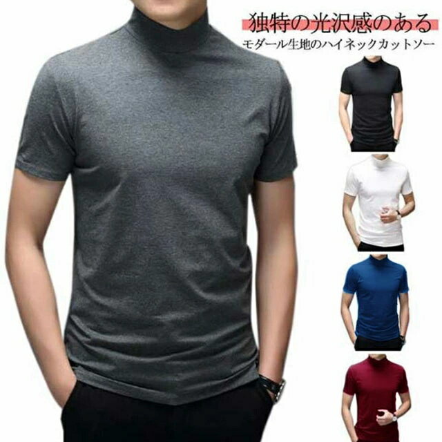Rakuten - ハイネック メンズ 半袖 tシャツ カットソー ゴルフウェア ゴルフ 無地 モックネック 春 夏 ティーシャツ ボトルネック トップス インナー カジュアル シンプル ビジネス 通勤 普段着 レイヤード 重ね着 着回し 紳士服 黒 白 グレー