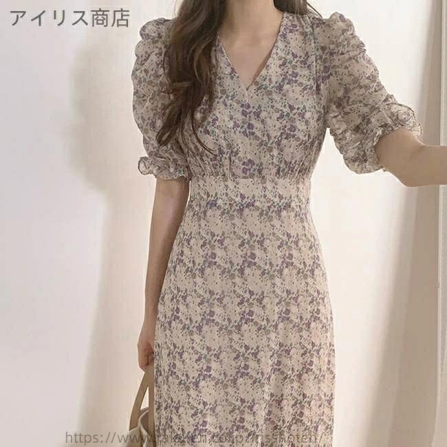 樂天商城 - Vネック ぽわん袖 半袖 五分袖 小花柄 襟なし 春 バルーン袖 くしゅくしゅ袖 二の腕カバー ロング丈 夏 ワンピース