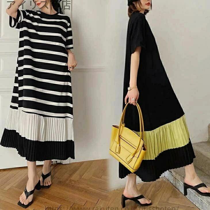 夏 おすすめ トレンド おしゃれ 可愛い ママ ロング 体型カバー 春 プチプラ レディース 楽ちん 半袖 お出かけ キレイめ プリーツ切り替えワンピース