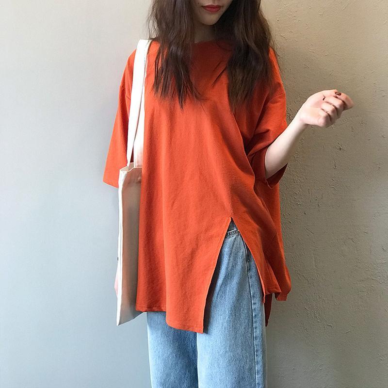 樂天商城 - オーバーサイズ レディース 半袖 カットソー 体型カバー Tシャツ キレイめ 無地 丸首 裾デザイン 夏物 綿