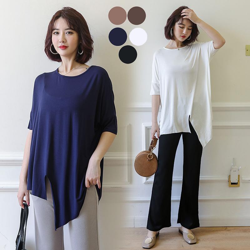 樂天商城 - 丸首 無地 半袖 レディース キレイめ 体型カバー カットソー ロング丈 Tシャツ 不規則裾 オーバーサイズ