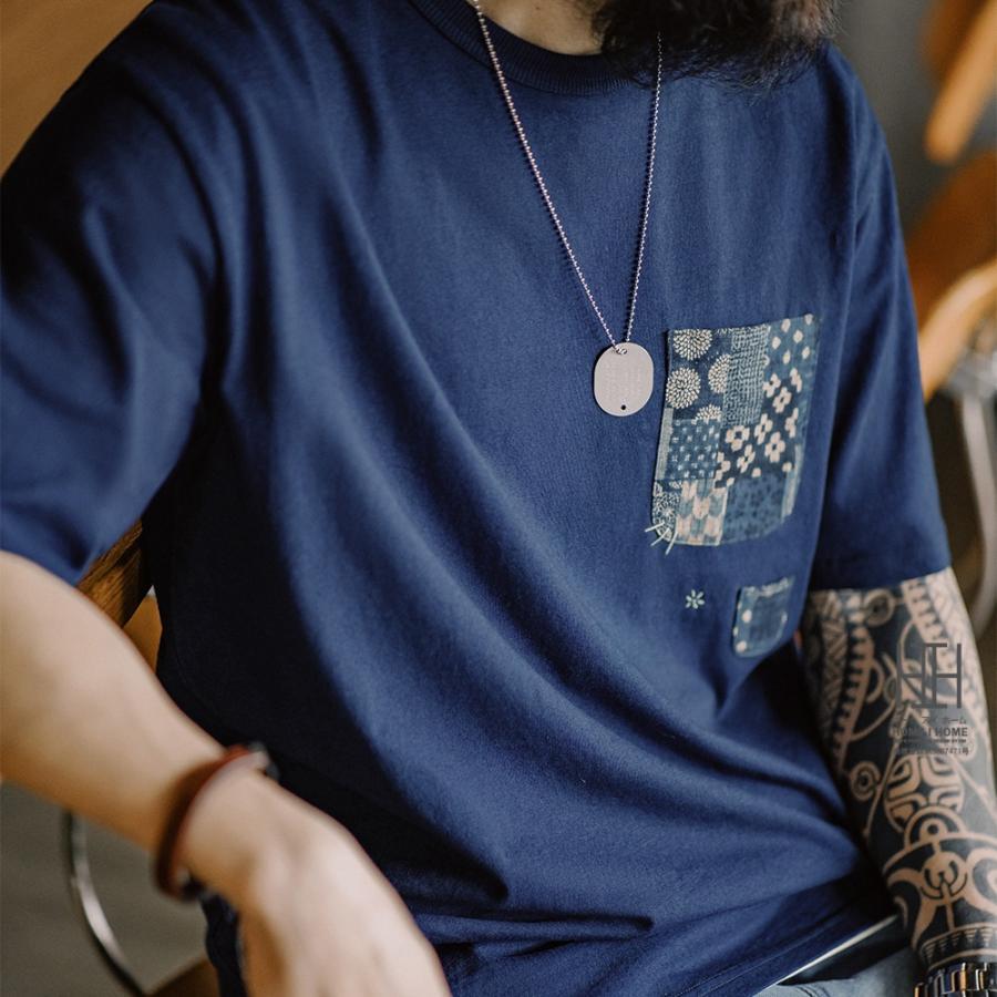 樂天商城 - 刺繍入り メンズ おしゃれ タグレス インディゴ 半袖 6.5oz綿100 大きいサイズ ポケット付き indigo tシャツ ルーズ 藍染め ヴィンテージ オーバーサイズ レトロ
