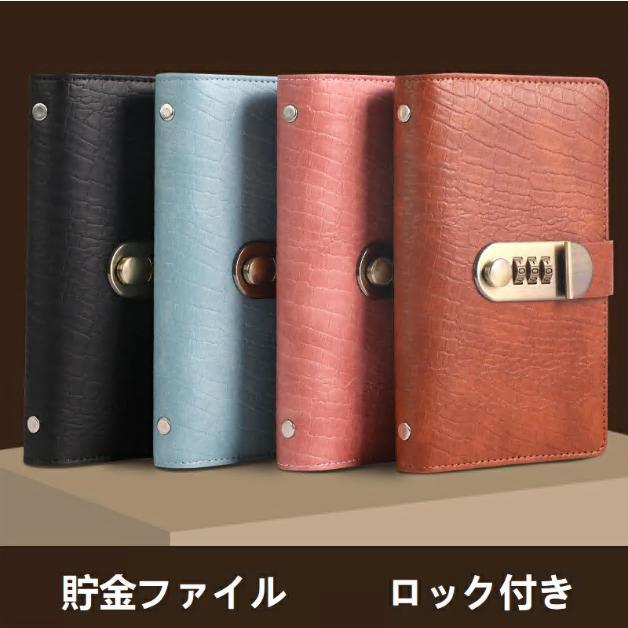 パスワードロック付きで、貯金に“特別感”をプラス：自分だけの暗証番号でロック可能。夢や目標への貯金が、特別なルールで楽しく続けられる「お札貯金箱」。見える目標設定、1冊で100万円チャレンジ：1ポケットに1万円札で、全100ポケット＝100万円の目標達成！封筒貯金としても使いやすい。内側から入れるクリアポケット式、安全性＆落ちにくさアップ：お札はポケットの内側から差し込む構造で、不意に滑り出す心配がなく安心。中身が見えるクリア仕様で、出し入れもスムーズ＆目標管理も簡単。防水PUレザー＆コンパクトサイズで持ち運びにも最適：上質なPUレザー製。手触りが良く、防水加工で長く使える。バッグにも入るコンパクトサイズ。