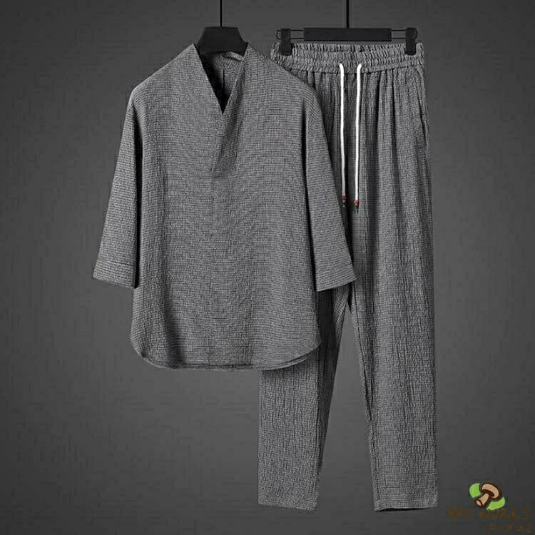 lifeactiveの半襦袢 メンズ Vネック Tシャツ ロングパンツ 春夏 ルームウェア 下着 吸汗速乾 上下セット セットアップ tシャツ 涼しい 部屋着 作務衣 アイスシルクセット ジャージ 和風 接触冷感 着物 襟付き セットアップ｜アングル3