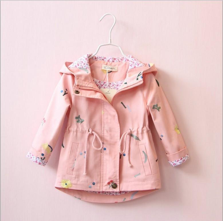 乐天商城 - ピンク 普段使い フード付き ドローストリング 子供服 ライトアウター ミドル丈 花柄刺繍 スプリングコート かわいい ライトブルー 綿 キッズ 春秋 コットン 女の子 通学