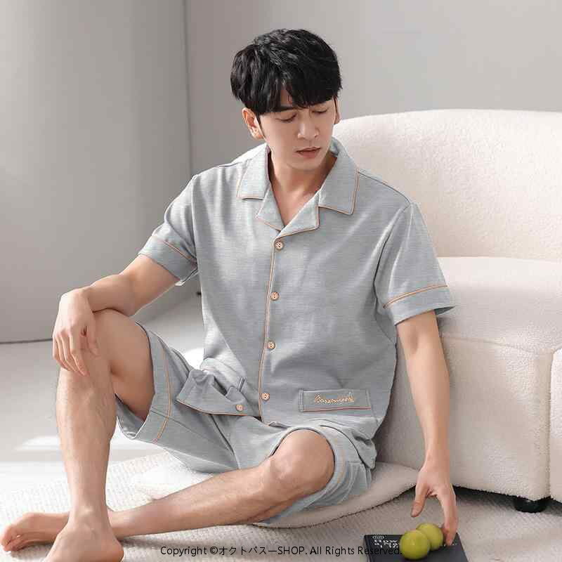 乐天商城 - 半袖 パジャマ 夏 ショーツ 上下セット ウェア 男性用 短パン サマー 7XL 襟付き 4XL 開襟 コットン 綿 シンプル メンズ 薄手 ルームウェア 部屋着 5XL 寝巻き 大きいサイズ リラックス ゆったり 6XL