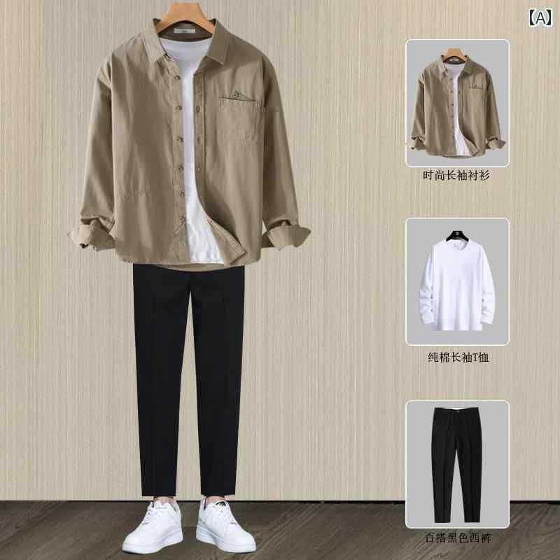 Rakuten - おしゃれ 綿 服 長袖 シャツ シャツ 一式 ジャケット カジュアル セットアップ 春秋 メンズ