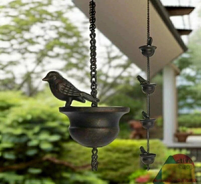 樂天商城 - モバイル 縦樋レインチェーン 雨どい 鳥の形 雨樋 7.8フィート 4/6/8個のカップとフック付き キャッチャーチェーン カップ上の鳥 側溝縦樋 雨水ダイバーター 鎖樋 付属ハンガー ダークブロンズ 屋外、庭、家の装飾用水をそらすためのポーチの装飾