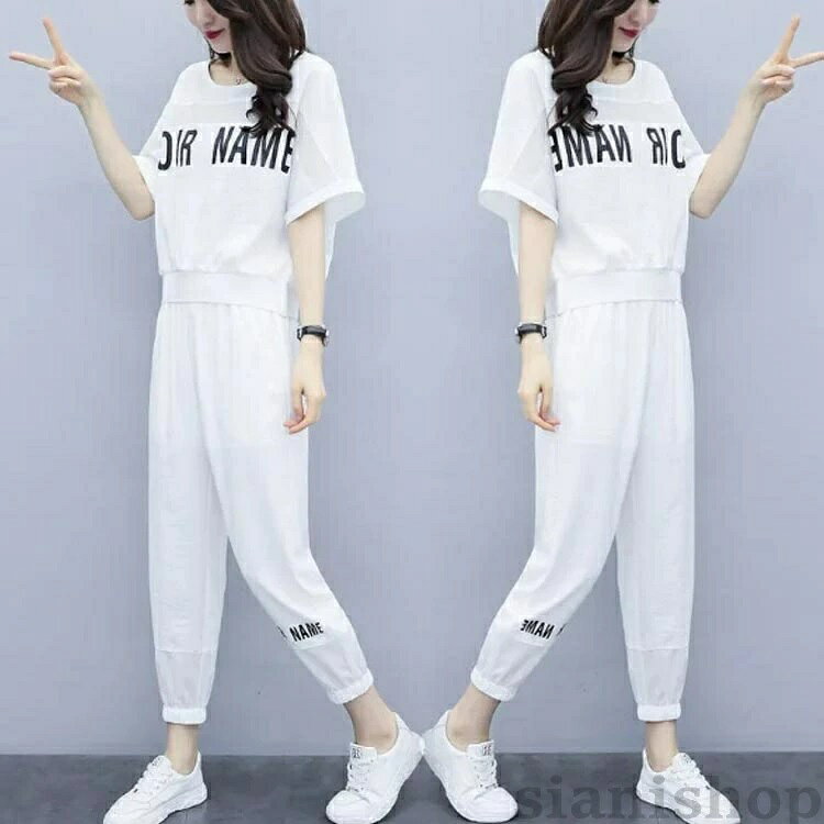 lifeactiveのセットアップ 黒 カジュアル ホワイト ジャージ セット 着痩せ 2点セット 夏 上 半袖 ダンス 動服 レディース ブラック 部屋着 韓国風 きれいめ 上下 Tシャツ+九分丈パンツ お洒落 白｜アングル2