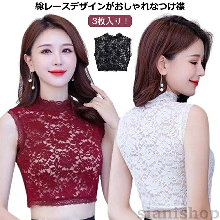 つけ襟 婦人用 可愛い アクセント ノースリーブ 偽の襟 重ね着用 ワインレ 黒 レディース 総レース 3枚入り 付け襟 女性用 透け感 立襟 白 おしゃれ ブラック ハイネック シースルー
