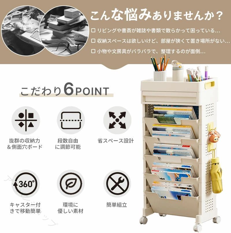収納力抜群 省スペース 収納ワゴン 便利 在宅ワーク 机下収納 整理整頓 組み合わせ自由 文房具収納 側面穴ボード 移動式収納 多機能収納 取り出しやすい 子供部屋 オフィス向け おしゃれ キャスター付き ラック 3段 マガジンラック デスク下本棚 5段 引き出し ブックラック [3]
